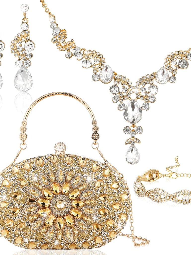 4 Pcs Purse Rhinestone Jewelry Set For Wedding Bridal Women Handbag With Neck